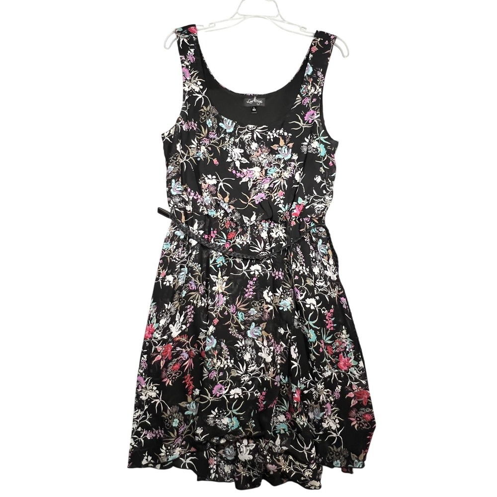 Love Reign Women's Black Floral Sleeveless Tie Waist Midi Dress Size L
